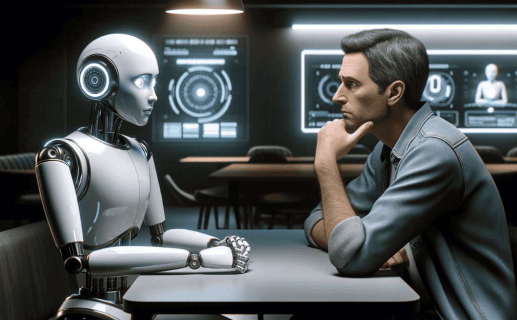 Imagem mostra um humano conversando com um robô