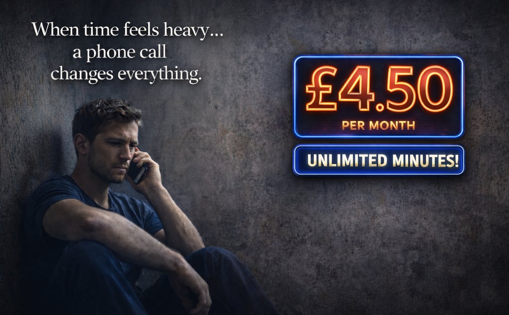 A lonely man on a phone call with unlimited minutes for £4.50 per month on a neon sign.