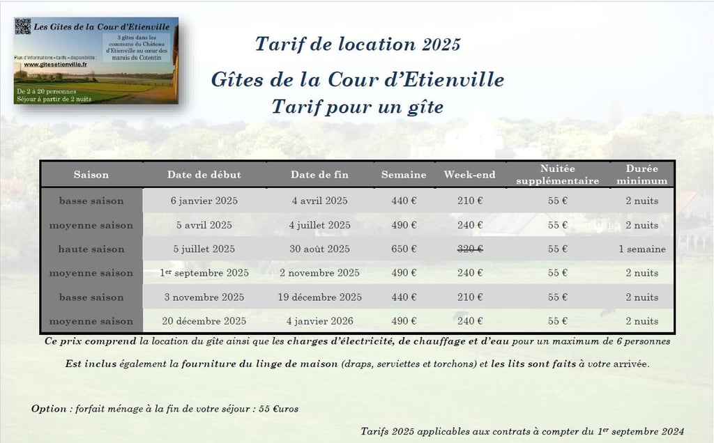 Tarifs des Gîtes de la cour d'Etienville au cœur des marais du Cotentin Manche