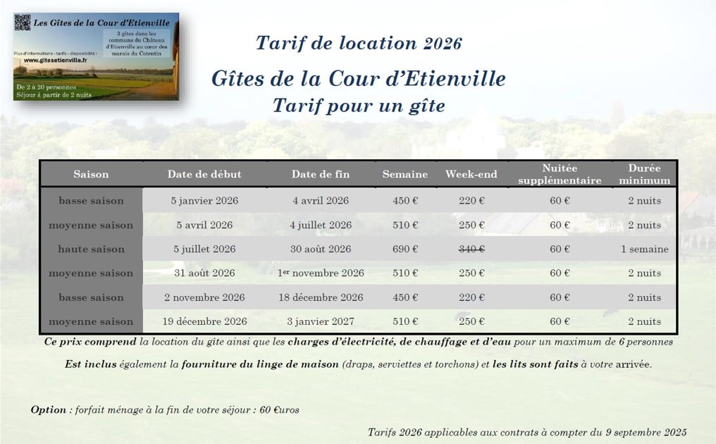 Tarifs Gîtes de la cour d'Etienville 2026 marais du Cotentin