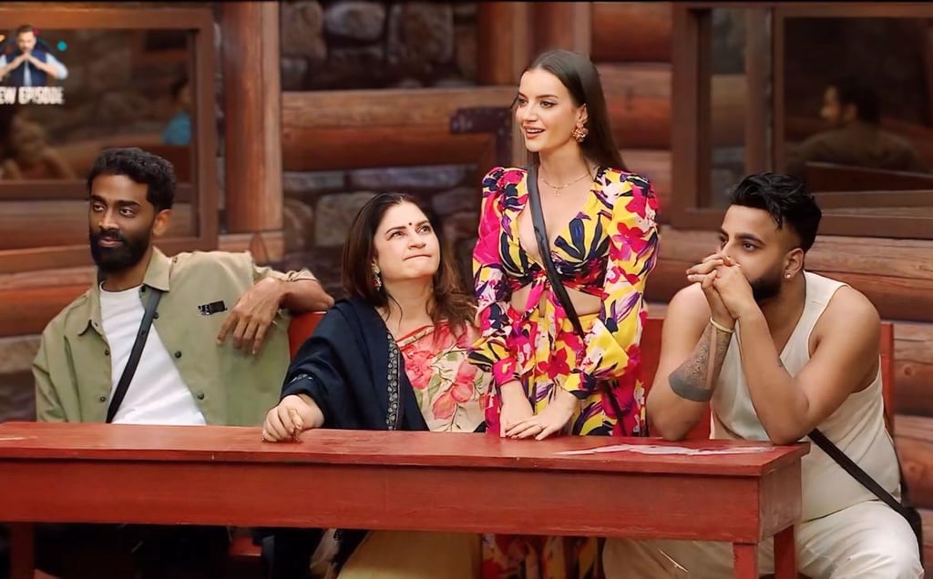 Natalia Janoszek with Kunickaa Sadanand, Shehbaz Badesha, and Pranit More in Bigg Boss 19 