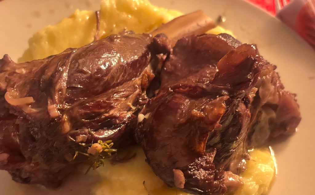 Braised lamb shank served on creamy mashed potatoes on a white plate, set on a red tablecloth.