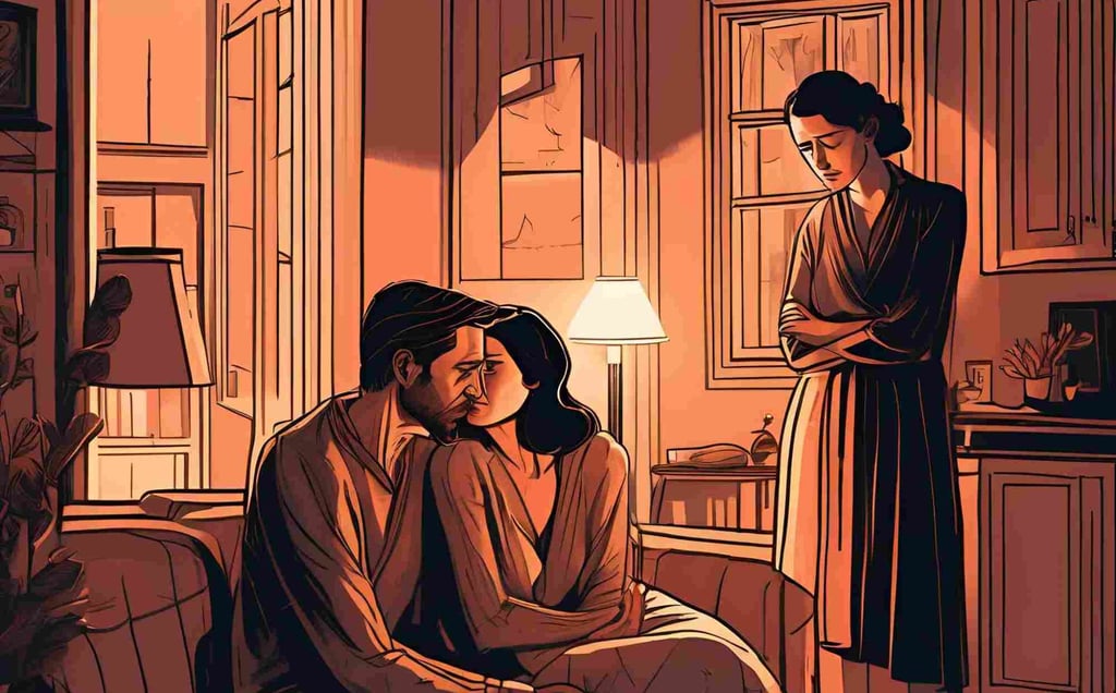 A couple sits on a couch, with the man showing signs of infidelity, suggesting a strained relationship.