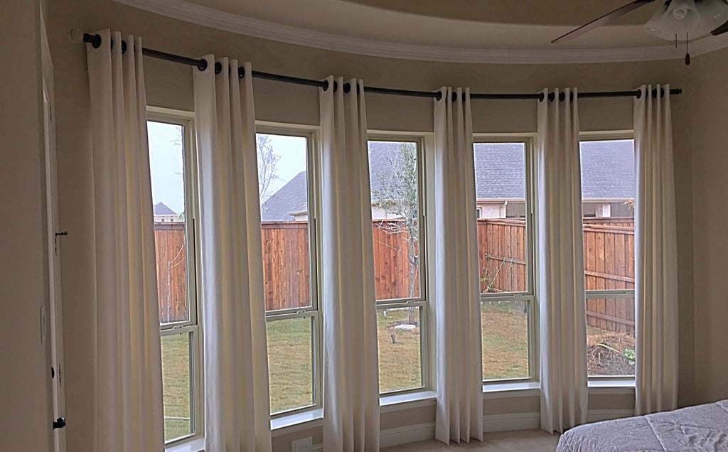 Grommet drapery curtains custom curved rod kasmir fabric