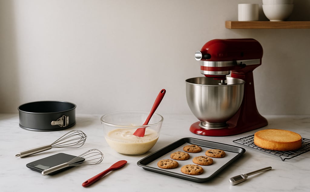 a kitchen counter top with a mixer, cookie doughnuts and a cookie