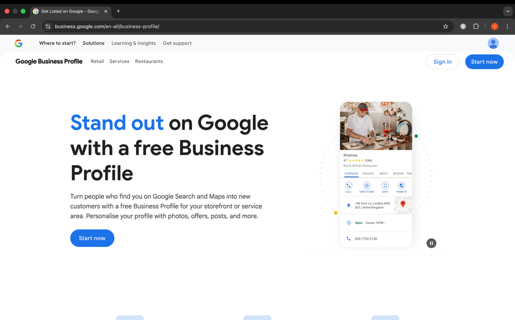 Google business profile homepage