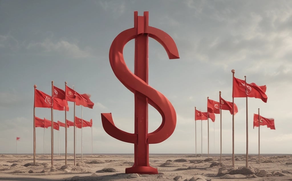 A red and yellow flag on a pole in front of a building