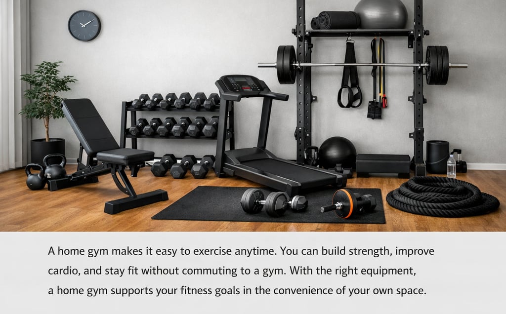 Organized home gym setup in a bright room featuring a treadmill, adjustable weight bench, dumbbell rack, etc