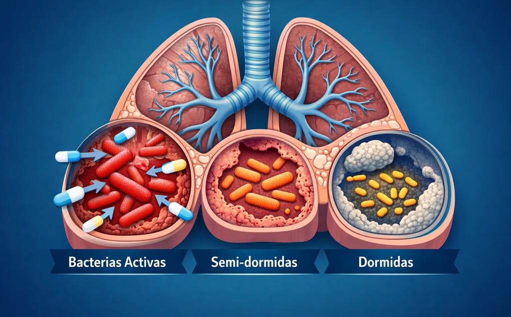 Diagrama educativo mostrando la batalla microscópica contra bacterias de tuberculosis durante el tra