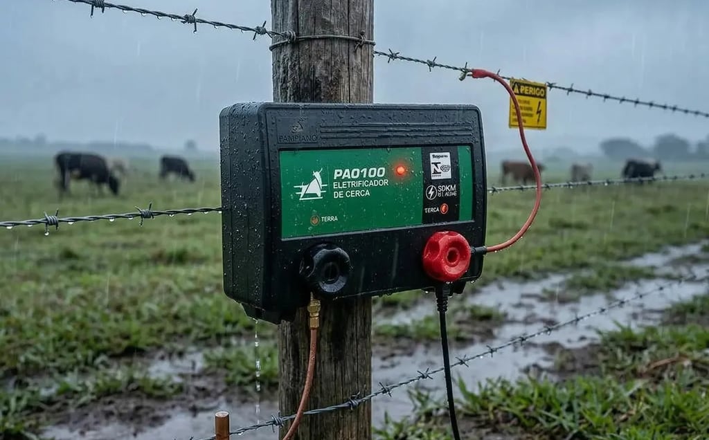 Eletrificador Pampeano PA0100 funcionando em cerca rural durante chuva, destacando a proteção IPX4 c