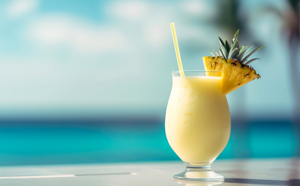Piña Colada cocktail with pineapple garnish and straw by the beach in the Dominican Republic