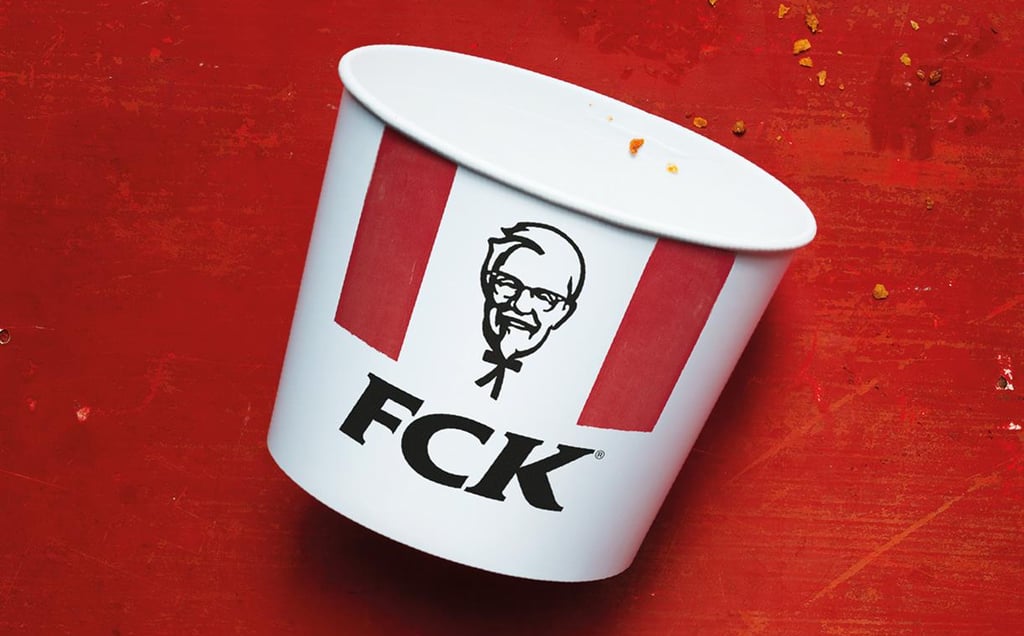KFC bucket that's empty with the words FCK on it.
