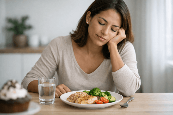 Mujer reflexiva frente a un plato de comida saludable con verduras y agua, mientras un postre aparece desenfocado al lado