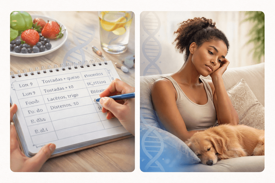 Mano escribiendo diario de alimentos y síntomas con frutas y suplementos; mujer descansando con su perro