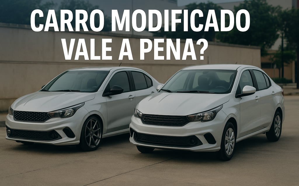 Dois carros brancos lado a lado em um estacionamento urbano: à esquerda, um modelo modificado com ro