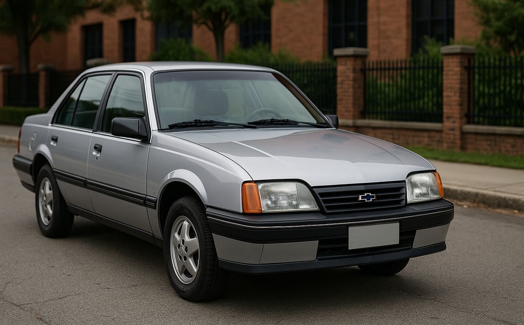 Chevrolet Monza 1994 prata estacionado em rua pavimentada, com fundo urbano de prédios e luz suave d