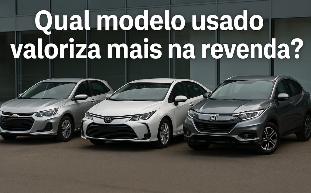 Chevrolet Onix, Toyota Corolla e Honda HR-V lado a lado, com a frase Qual modelo usado valoriza mais