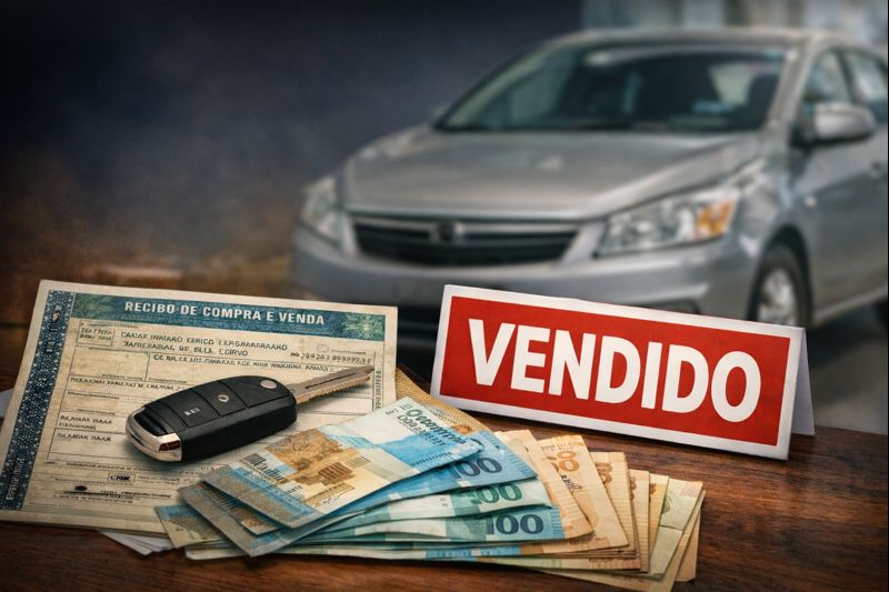 Documentos de transferência, dinheiro e chave de carro sobre mesa, com veículo usado ao fundo.