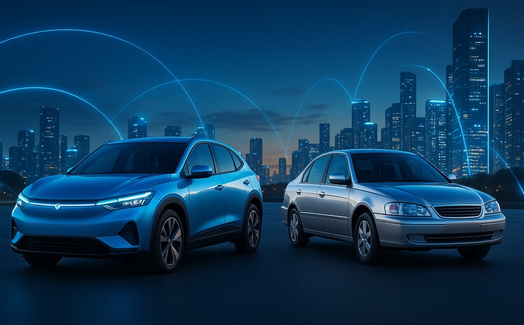 Carro elétrico moderno e carro a combustão lado a lado em cenário urbano futurista, com cidade