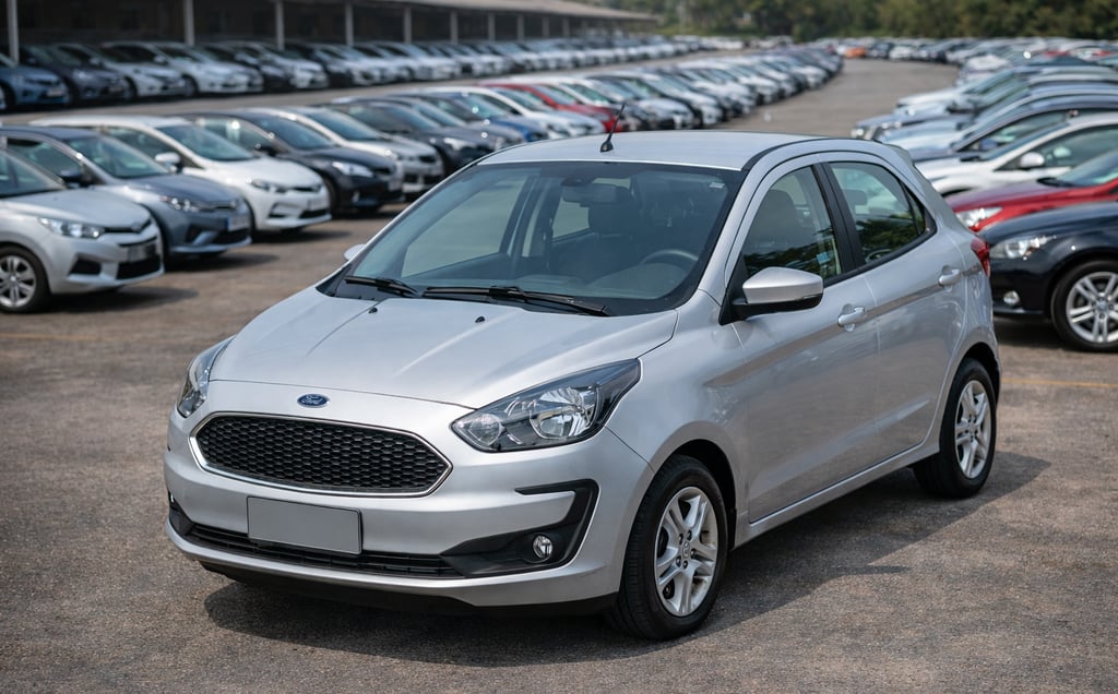 Ford Ka prata usado estacionado em pátio de concessionária com outros carros ao fundo