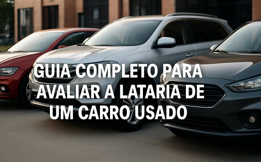 Três carros usados (hatch vermelho, SUV prata e hatch cinza) estacionados lado a lado em concessioná