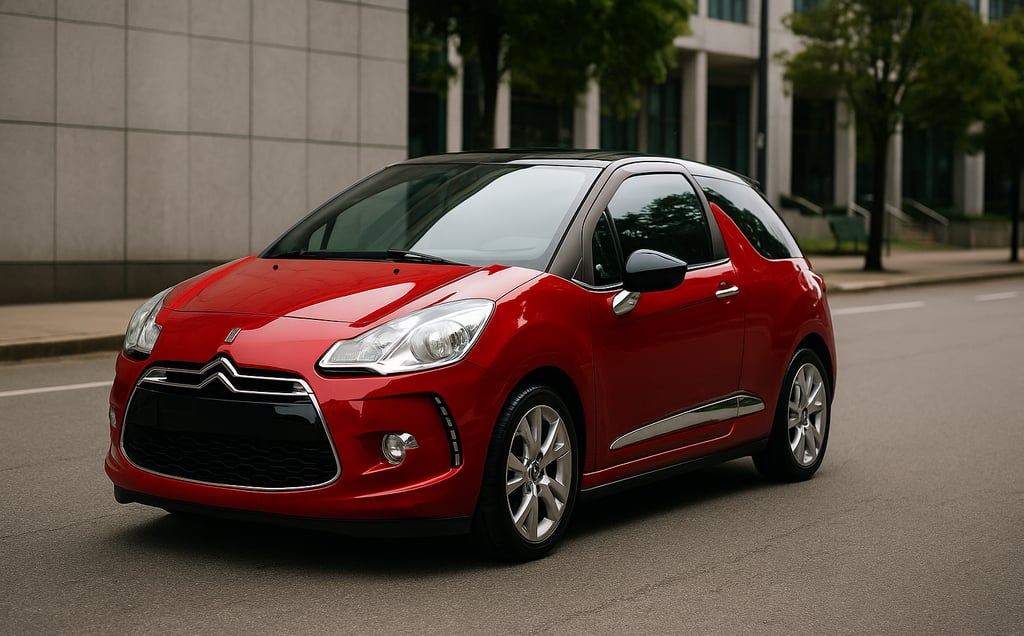 Citroën DS3 vermelho esportivo com teto preto e faróis em LED, estacionado em rua urbana.