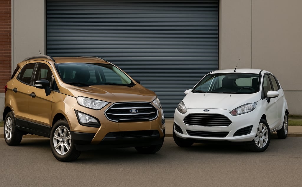 Ford EcoSport dourado e Ford Ka branco lado a lado em cenário urbano, com margens sobrando nas later