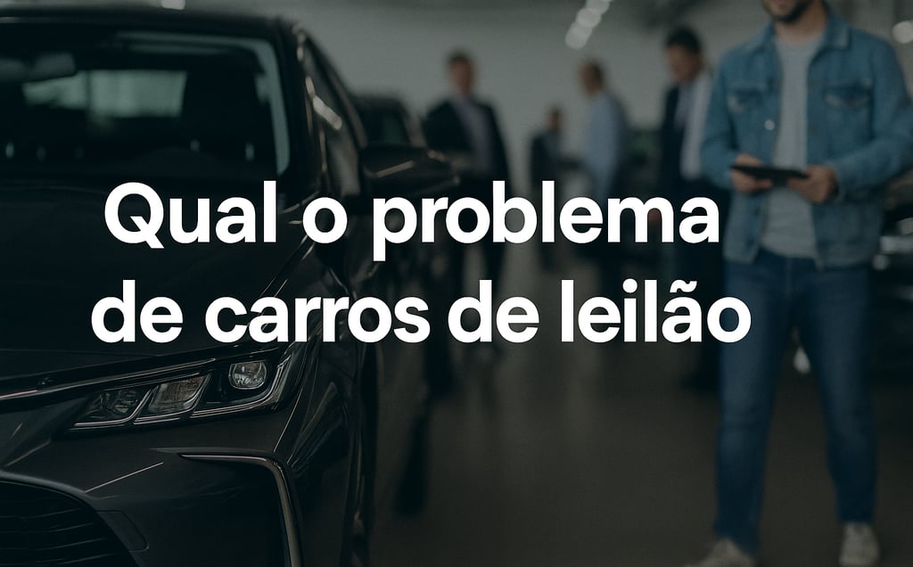 Imagem de capa com carros usados em pátio de leilão, destaque para o título “Qual o problema de carr