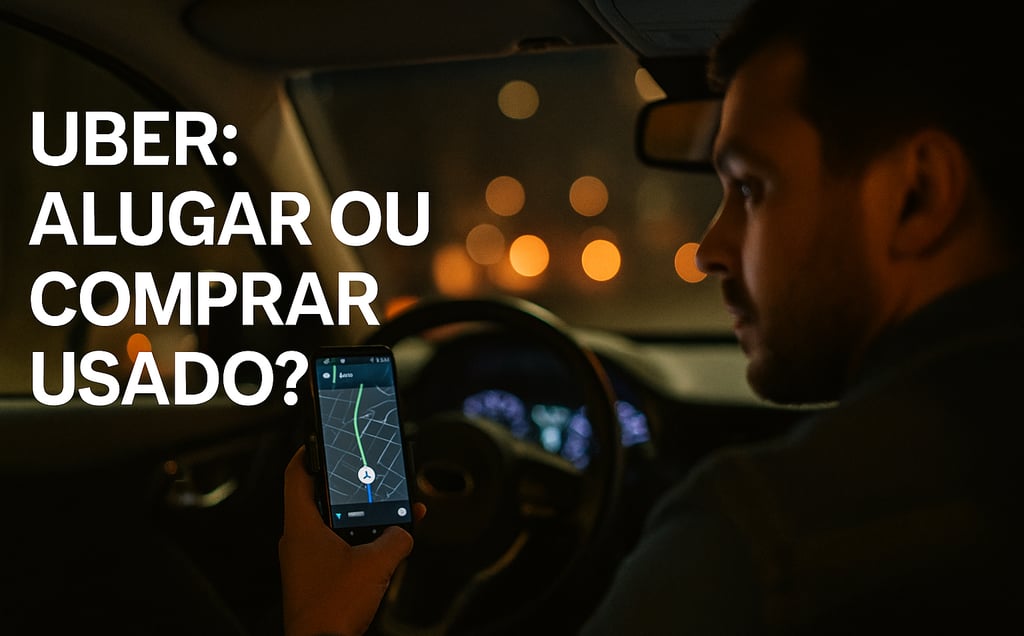 Motorista de aplicativo dirige carro popular em cenário urbano noturno com texto sobreposto