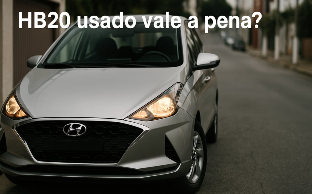 HB20 prata com farol aceso estacionado em rua urbana, visto de frente, com texto sobre a imagem.