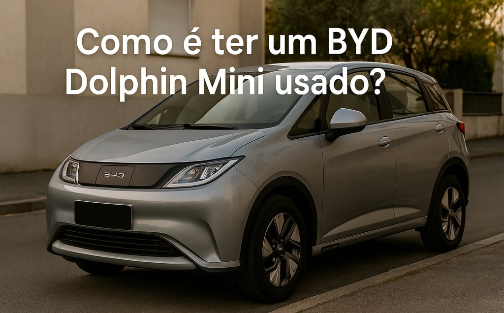 BYD Dolphin Mini prata estacionado em rua residencial, com a frase “Como é ter um BYD Dolphin Mini u