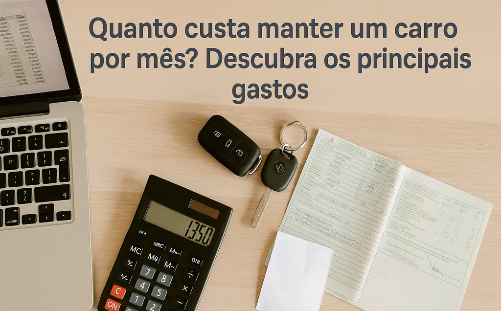 Mesa com notebook, calculadora, chaves e documento veicular, simbolizando o custo mensal do carro.