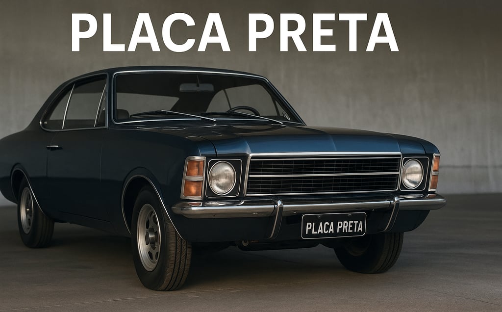 Carro antigo bem conservado com placa preta em destaque, estacionado em ambiente neutro.