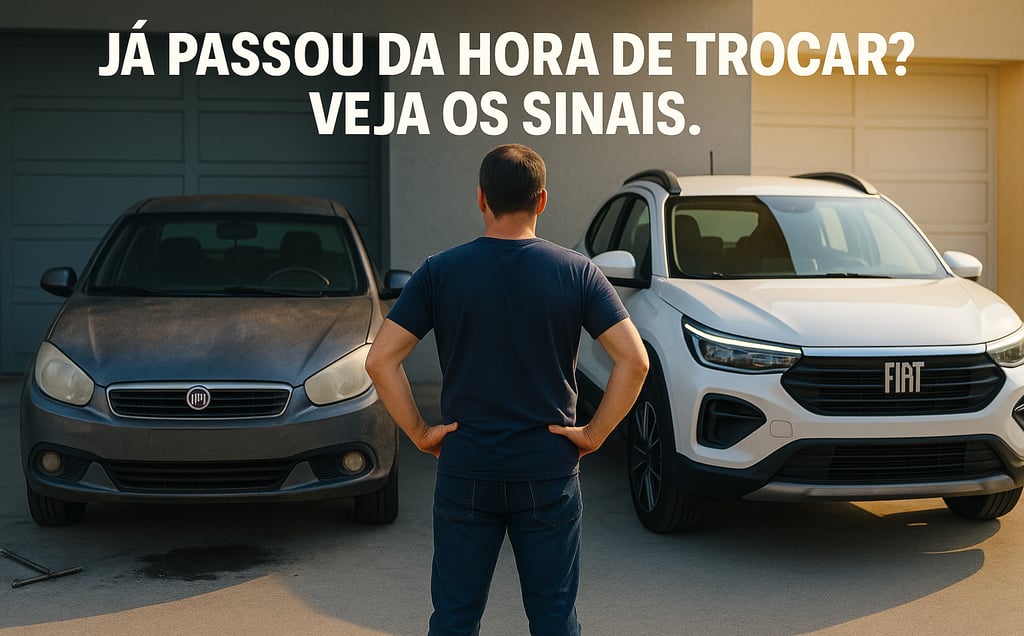  Homem observando dois carros em uma garagem — à esquerda, um Fiat Gran Siena antigo com sinais de d