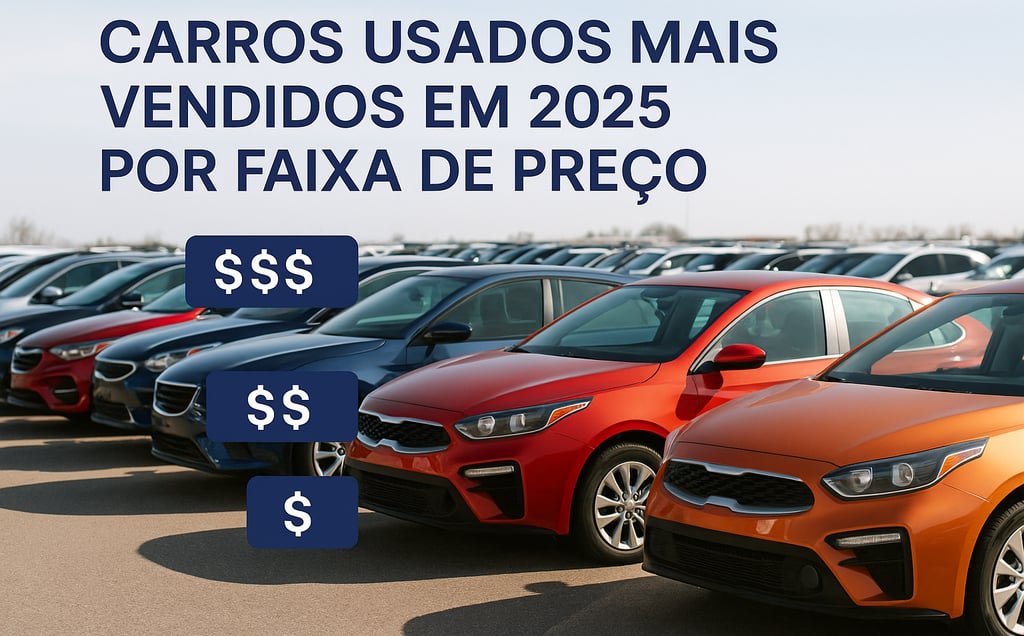 Fila de carros usados coloridos em pátio de vendas, com destaque para o texto "Carros Usados Mais Ve
