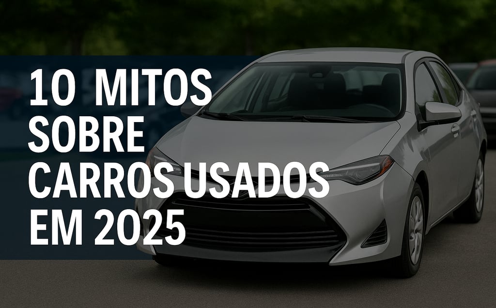 Sedã prateado em destaque em um estacionamento com a frase “10 mitos sobre carros usados em 2025” so