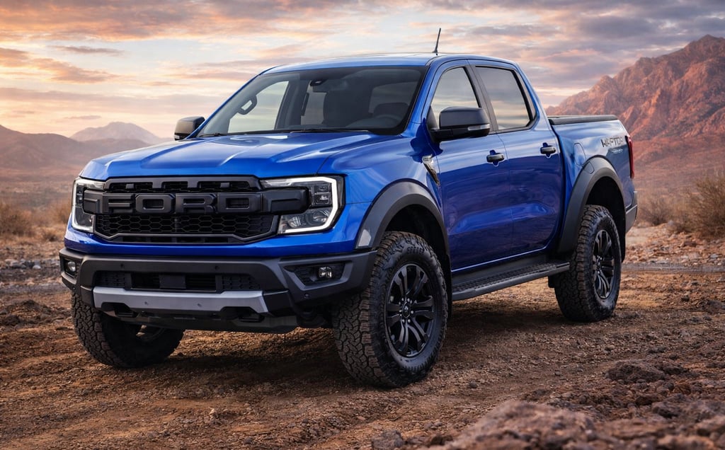 Ford Ranger Raptor 2024 azul em cenário off-road no deserto com design robusto e moderno