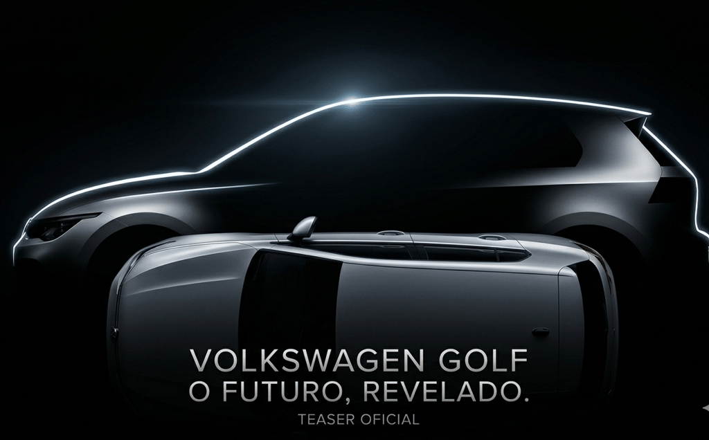 Teaser do novo Volkswagen Golf com silhueta luminosa e vista superior sobre fundo preto
