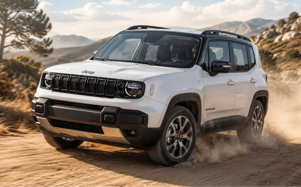 Jeep Renegade branco em estrada de terra com paisagem montanhosa ao fundo