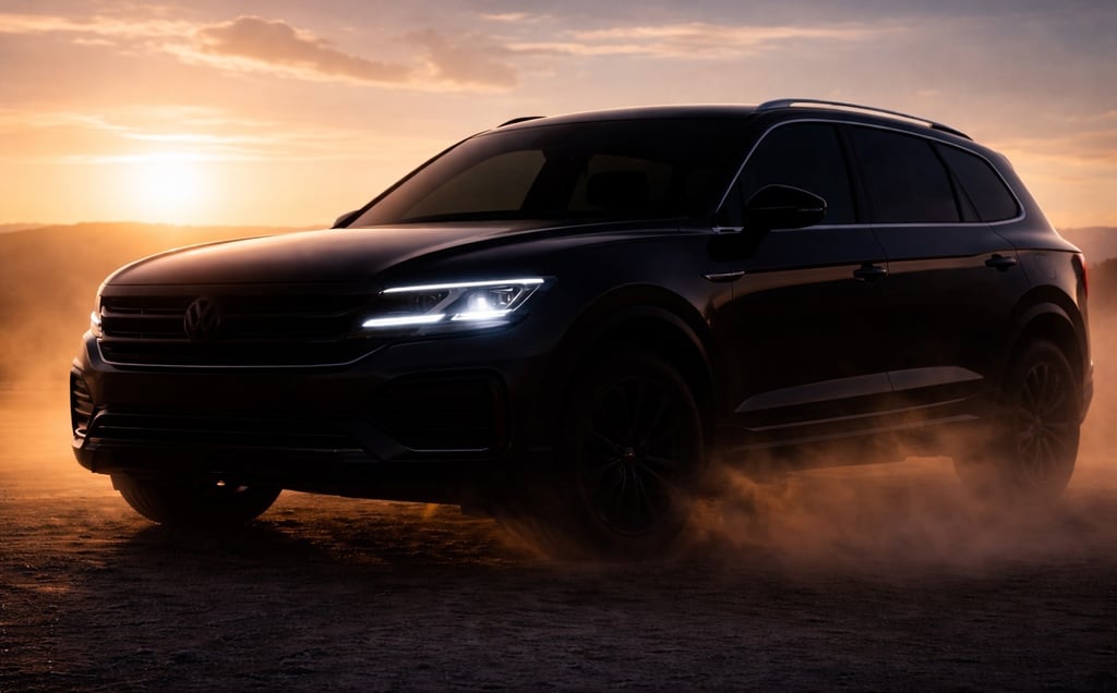 Volkswagen Touareg V6 2015 em silhueta com farol aceso destacando luxo e desempenho de 280 cv