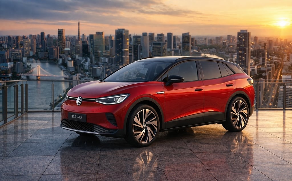 Volkswagen ID4 2026 vermelho em rooftop com cidade ao fundo pôr do sol carro elétrico