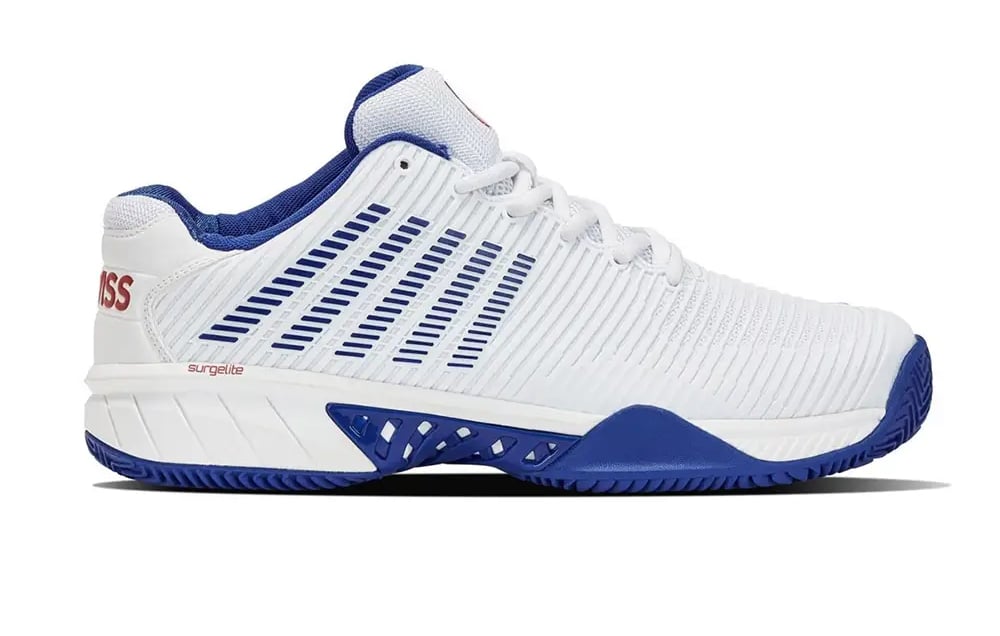 K-Swiss Hypercourt Express 2 HB padel shoe in white and blue with herringbone sole