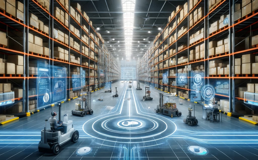 a warehouse with a lot of boxes and robots