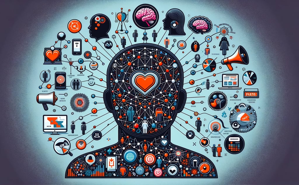 a person with a heart and marketing symbols