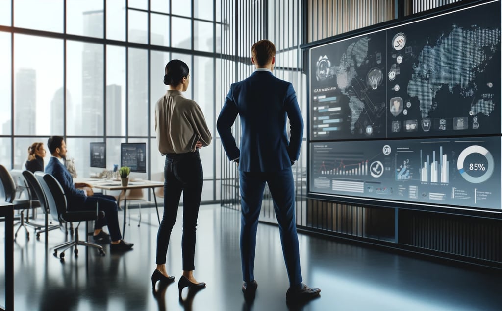 a man and woman in business attire standing in front of a large screen