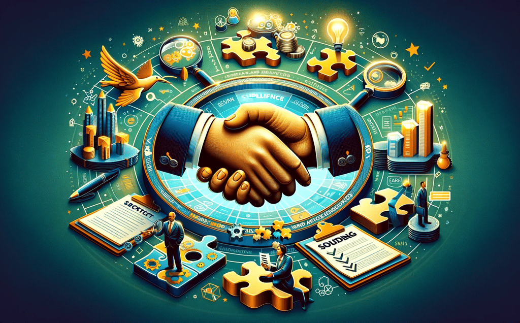 a handshake with business symbols