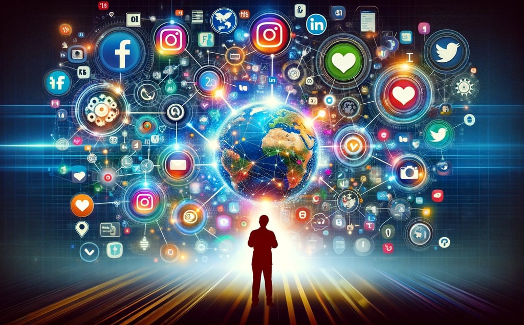 a person standing in front of a large screen with social media icons