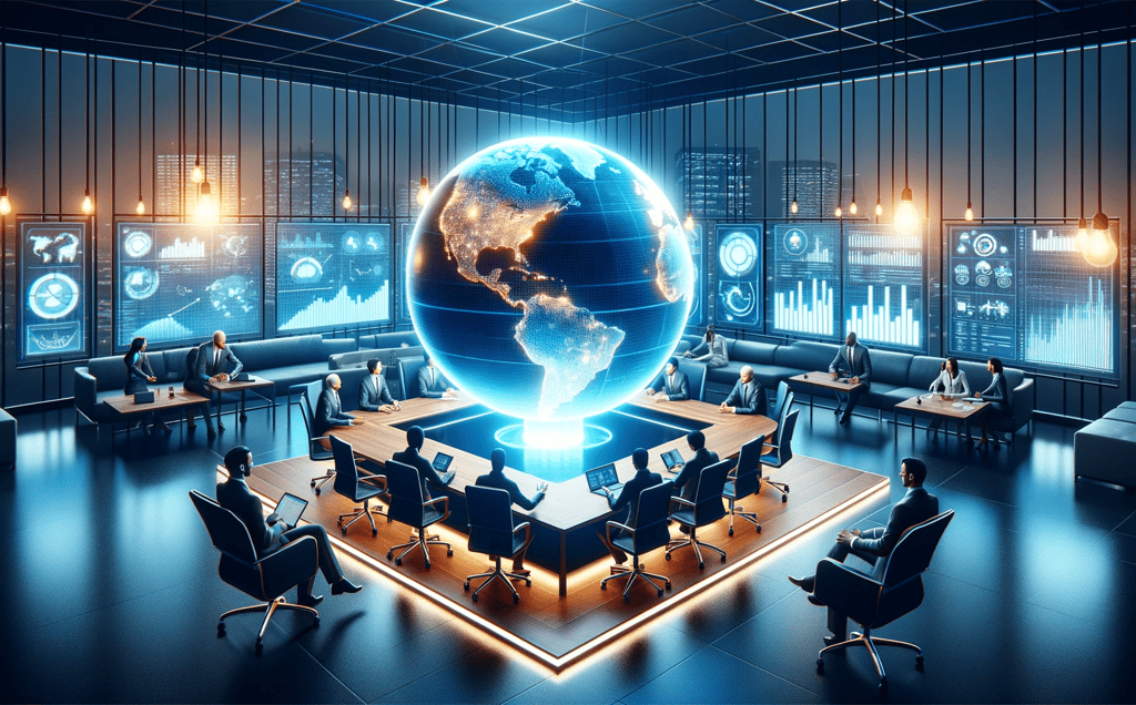 a group of people sitting around a table with a globe