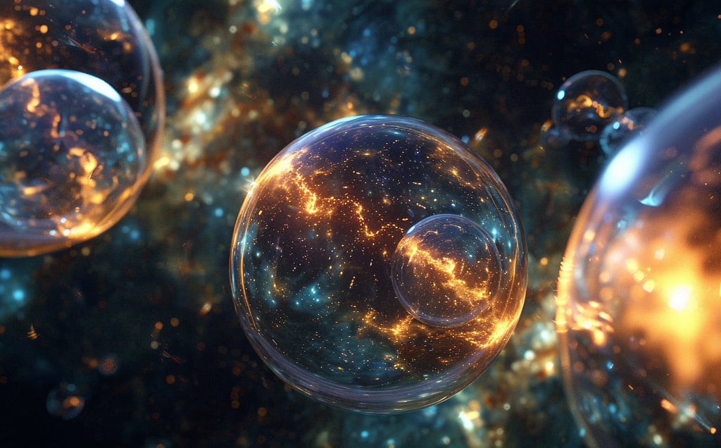 Rappresentazione artistica del Multiverso con universi a bolla fluttuanti nello spazio cosmico.