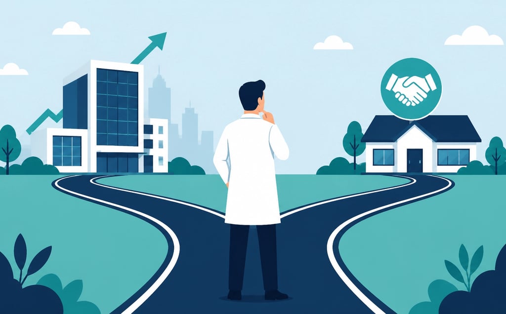 Flat-style vector of a business owner at a crossroads choosing between scaling a building or a hands